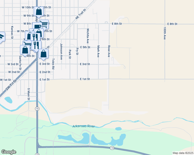 map of restaurants, bars, coffee shops, grocery stores, and more near 105 Mark Avenue in Larned