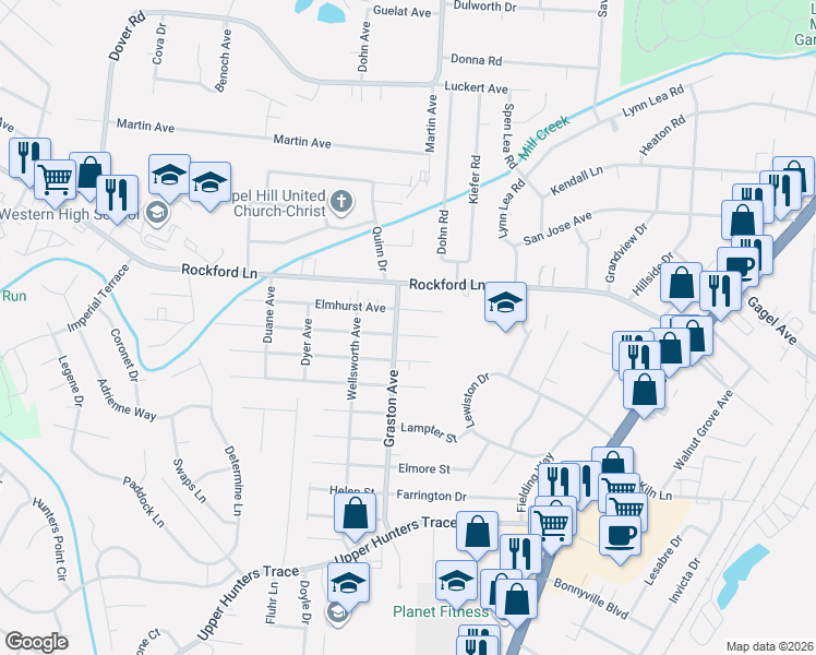 map of restaurants, bars, coffee shops, grocery stores, and more near 2214 Elmhurst Avenue in Louisville
