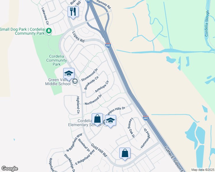 map of restaurants, bars, coffee shops, grocery stores, and more near 4745 Antelope Circle in Fairfield