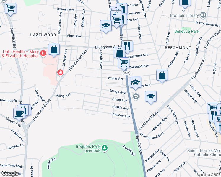 map of restaurants, bars, coffee shops, grocery stores, and more near 1415 Shingo Avenue in Louisville