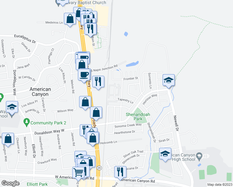 map of restaurants, bars, coffee shops, grocery stores, and more near 224 Tapestry Lane in American Canyon