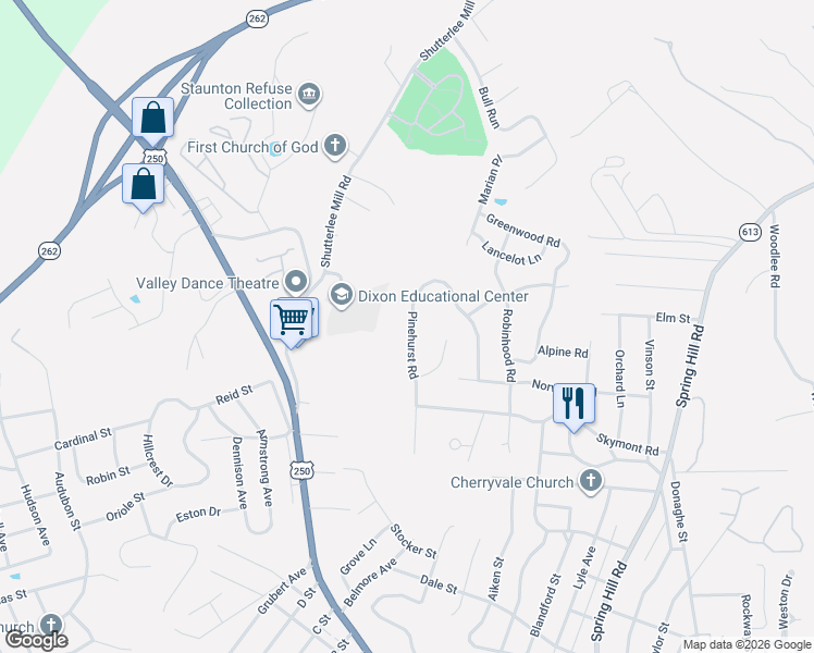 map of restaurants, bars, coffee shops, grocery stores, and more near 1215 Pinehurst Road in Staunton