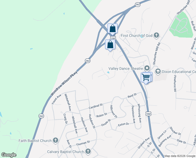 map of restaurants, bars, coffee shops, grocery stores, and more near 411 Audubon Street in Staunton