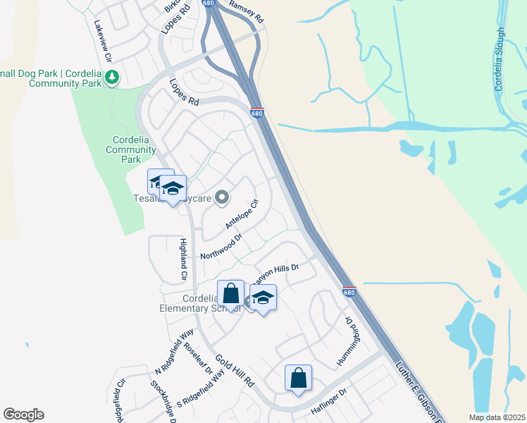 map of restaurants, bars, coffee shops, grocery stores, and more near 1569 Northwood Drive in Fairfield