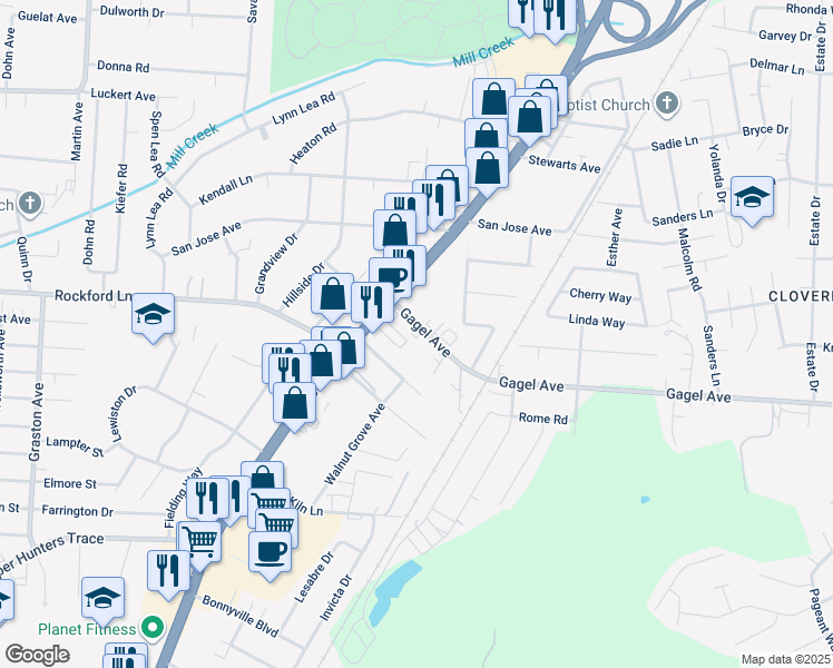 map of restaurants, bars, coffee shops, grocery stores, and more near 1730 Gagel Avenue in Louisville
