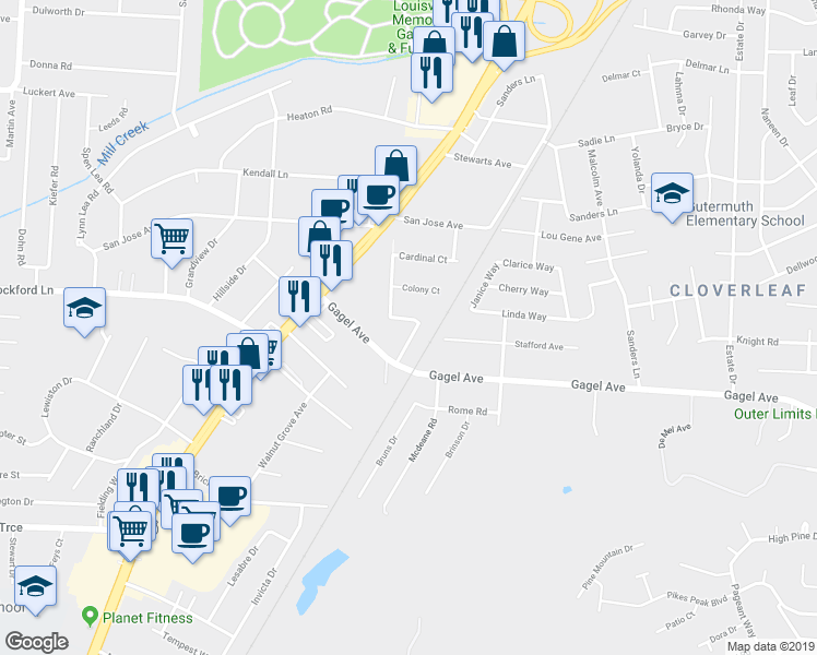 map of restaurants, bars, coffee shops, grocery stores, and more near 4606 Atterberry Court in Louisville