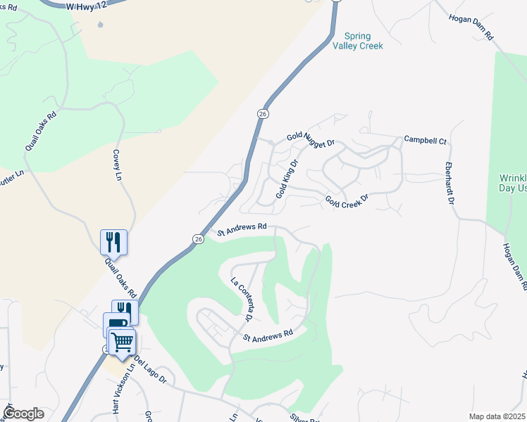 map of restaurants, bars, coffee shops, grocery stores, and more near 283 Gold King Drive in Valley Springs
