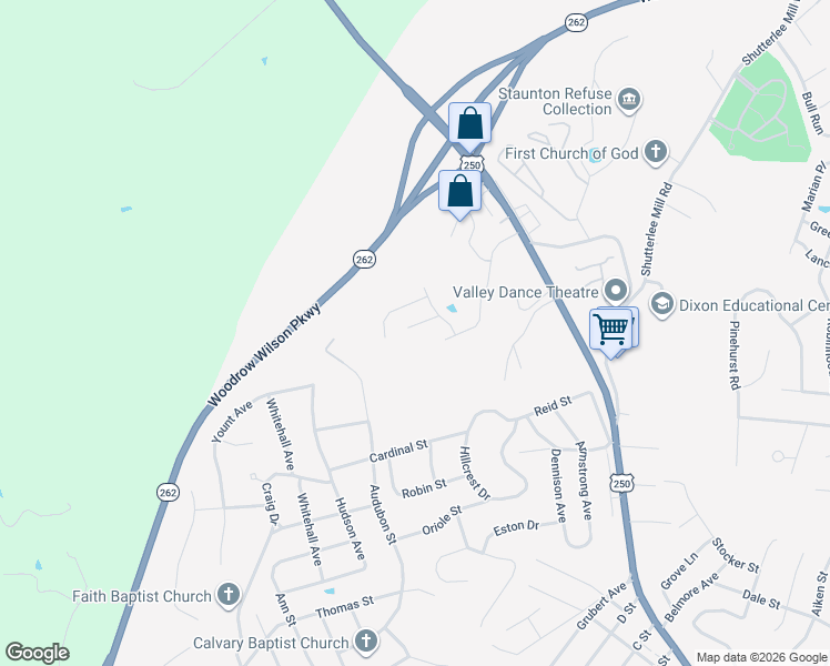map of restaurants, bars, coffee shops, grocery stores, and more near 411 Audubon Street in Staunton