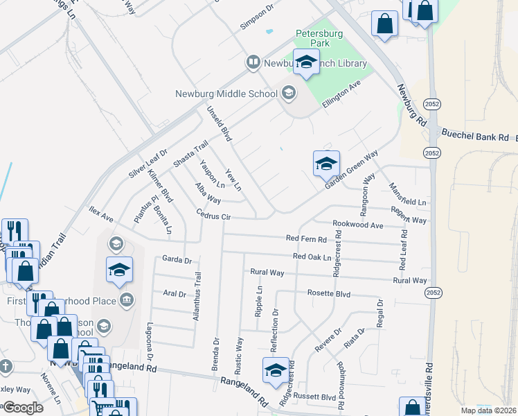 map of restaurants, bars, coffee shops, grocery stores, and more near 5023 Unseld Boulevard in Louisville