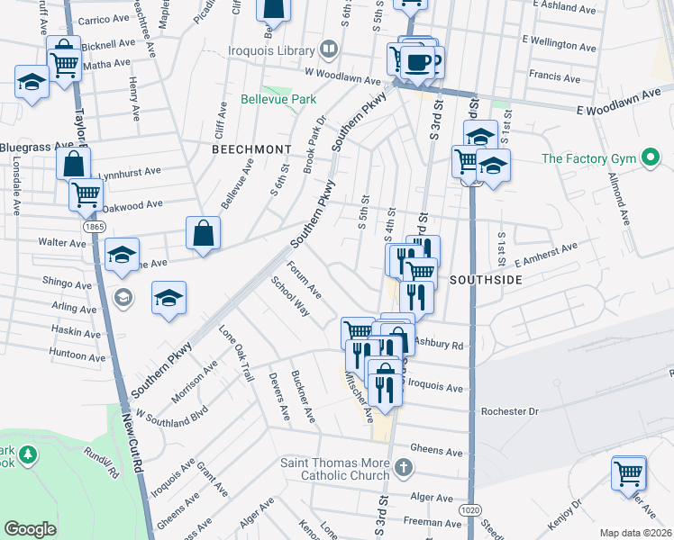map of restaurants, bars, coffee shops, grocery stores, and more near 504 Christopher Place in Louisville