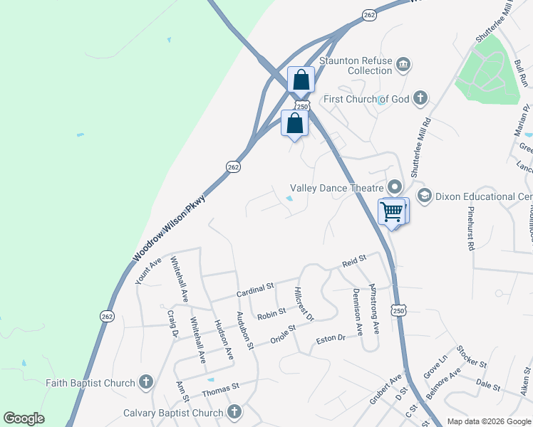 map of restaurants, bars, coffee shops, grocery stores, and more near 411 Audubon Street in Staunton