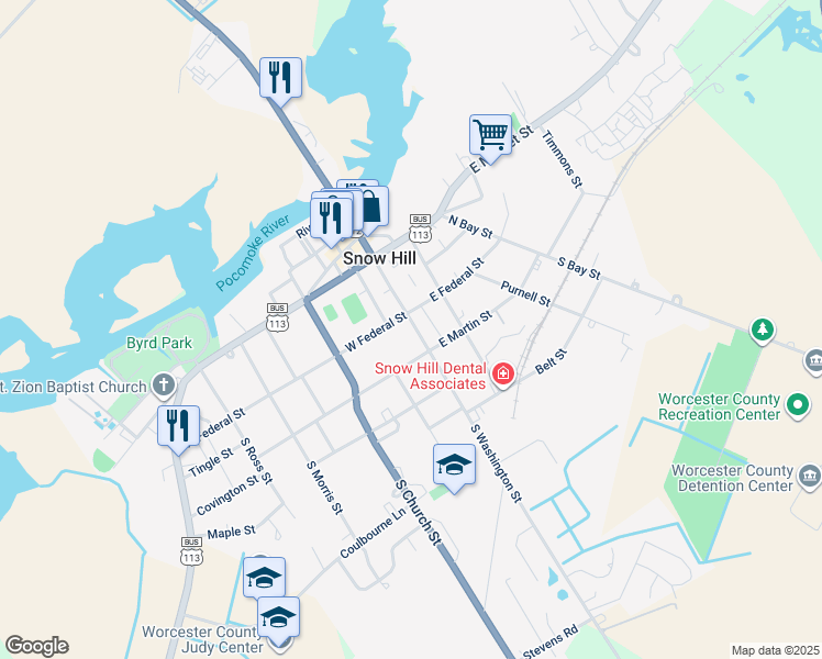 map of restaurants, bars, coffee shops, grocery stores, and more near 101 North Washington Street in Snow Hill
