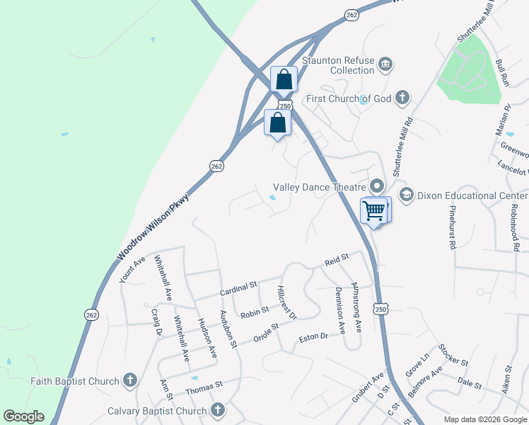map of restaurants, bars, coffee shops, grocery stores, and more near 105 Midvale Crossing in Staunton