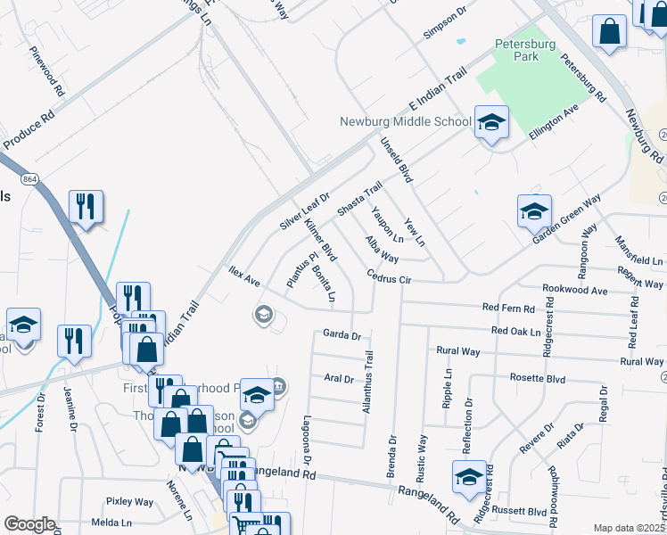 map of restaurants, bars, coffee shops, grocery stores, and more near 5214 Kilmer Boulevard in Louisville
