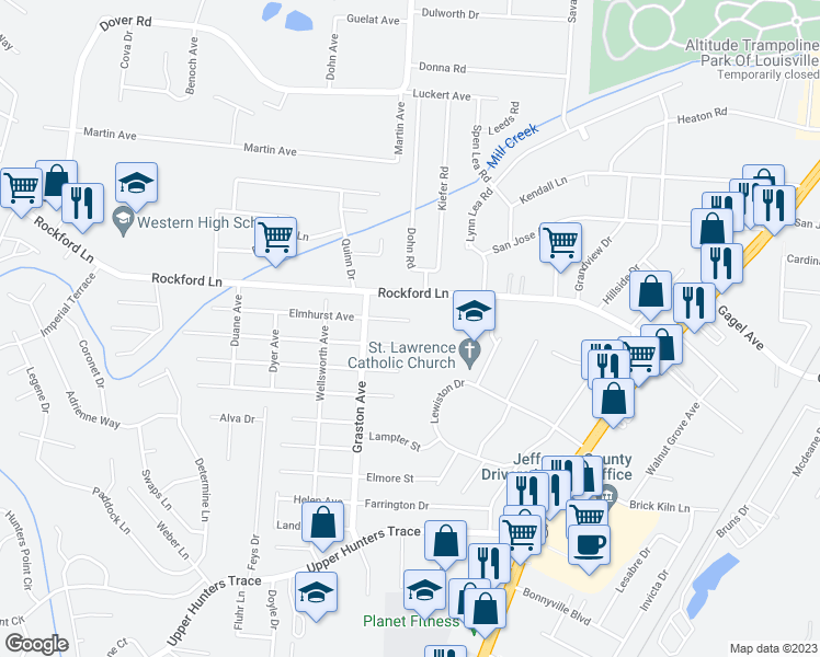 map of restaurants, bars, coffee shops, grocery stores, and more near 2150 Elmhurst Avenue in Louisville