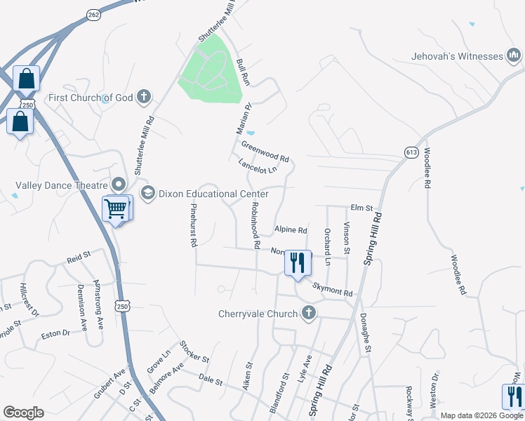 map of restaurants, bars, coffee shops, grocery stores, and more near 118 Robinhood Road in Staunton