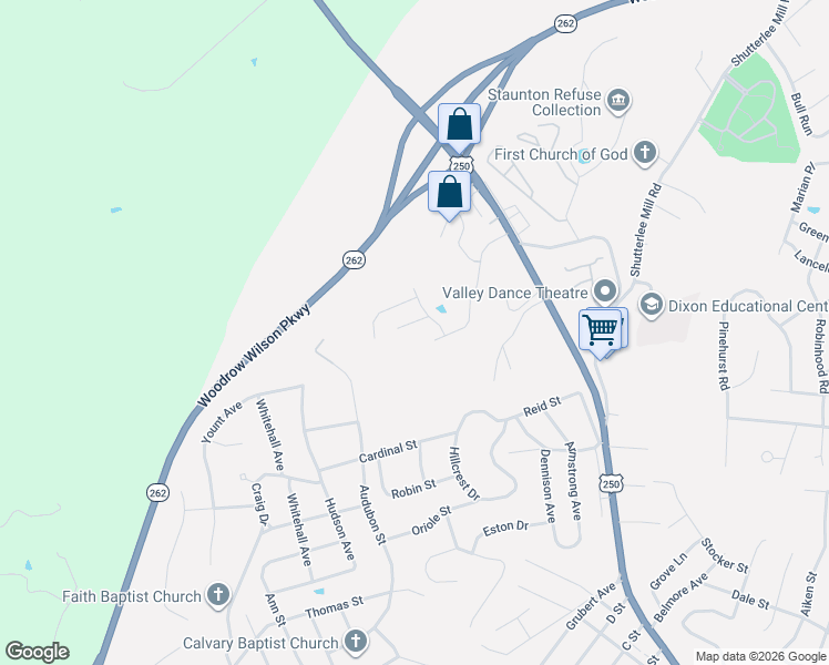 map of restaurants, bars, coffee shops, grocery stores, and more near 105 Midvale Crossing in Staunton
