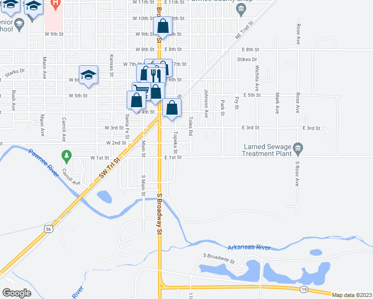 map of restaurants, bars, coffee shops, grocery stores, and more near 115 Toles Avenue in Larned