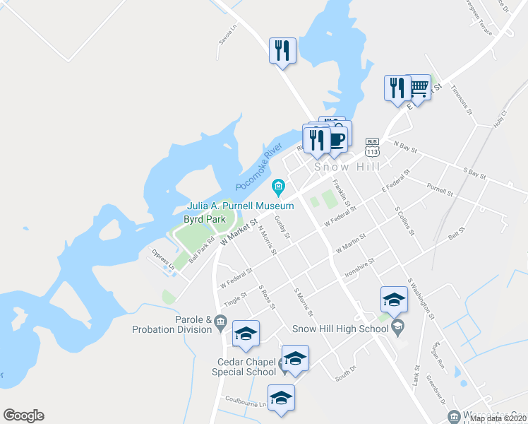 map of restaurants, bars, coffee shops, grocery stores, and more near 212 West Market Street in Snow Hill