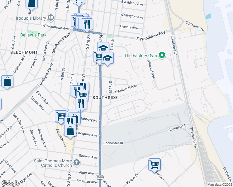 map of restaurants, bars, coffee shops, grocery stores, and more near 110 East Amherst Avenue in Louisville