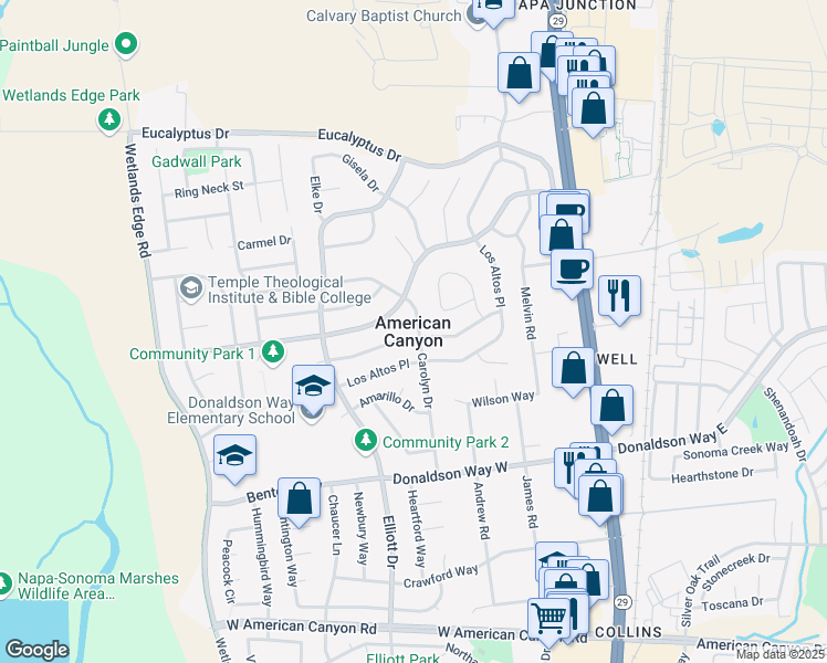 map of restaurants, bars, coffee shops, grocery stores, and more near in American Canyon