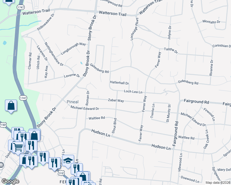 map of restaurants, bars, coffee shops, grocery stores, and more near 4900 Stout Boulevard in Louisville