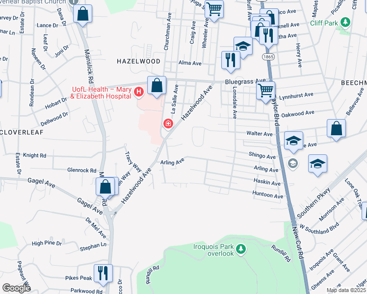map of restaurants, bars, coffee shops, grocery stores, and more near 1904 Hazelwood Court in Louisville