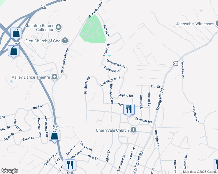 map of restaurants, bars, coffee shops, grocery stores, and more near 118 Robinhood Road in Staunton
