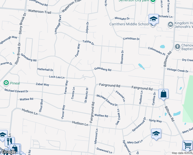 map of restaurants, bars, coffee shops, grocery stores, and more near 4937 Villa Fair Road in Louisville