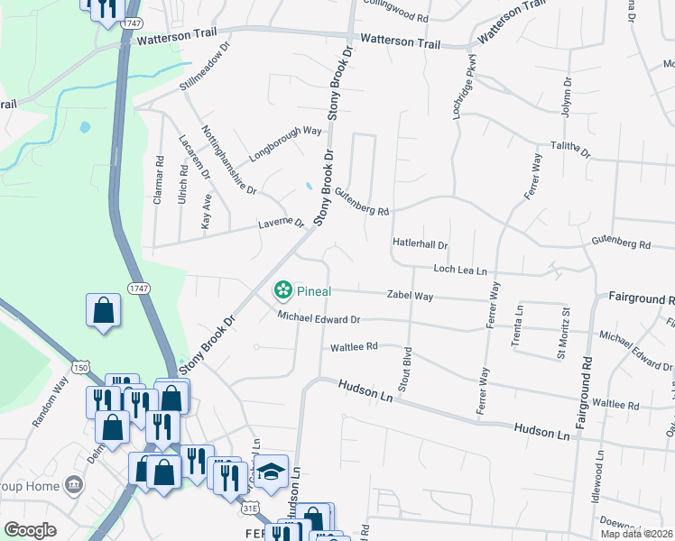 map of restaurants, bars, coffee shops, grocery stores, and more near 8822 Roman Court in Louisville