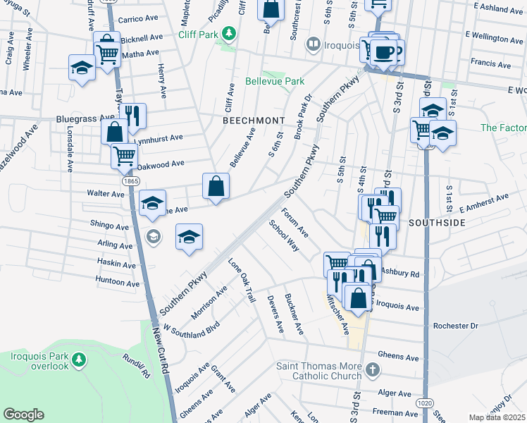 map of restaurants, bars, coffee shops, grocery stores, and more near 5000 Auburndale Avenue in Louisville