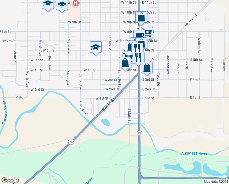 map of restaurants, bars, coffee shops, grocery stores, and more near 323 West 2nd Street in Larned