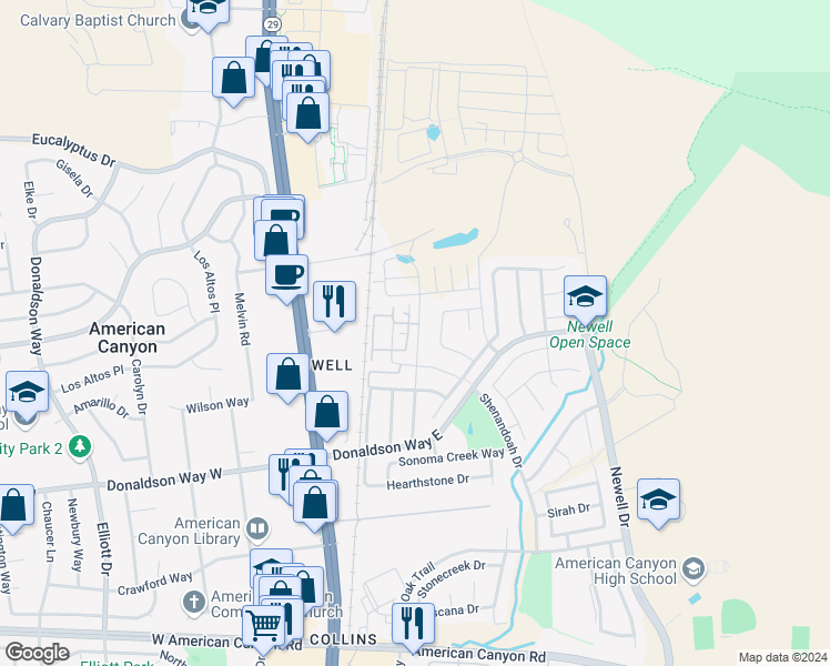 map of restaurants, bars, coffee shops, grocery stores, and more near 327 Summerwood Drive in American Canyon