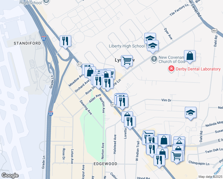 map of restaurants, bars, coffee shops, grocery stores, and more near 1206 Gilmore Lane in Louisville