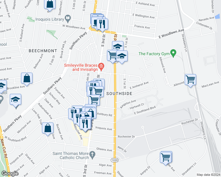 map of restaurants, bars, coffee shops, grocery stores, and more near 4919 South 2nd Street in Louisville