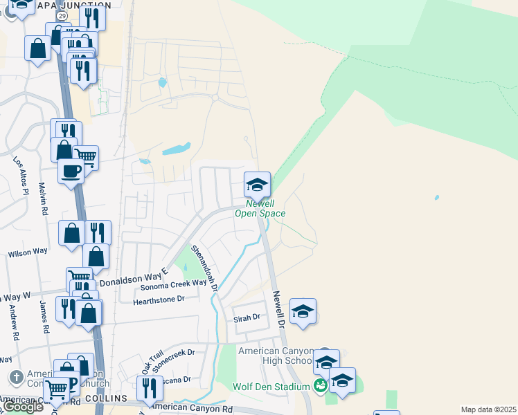 map of restaurants, bars, coffee shops, grocery stores, and more near 3000 Newell Drive in American Canyon