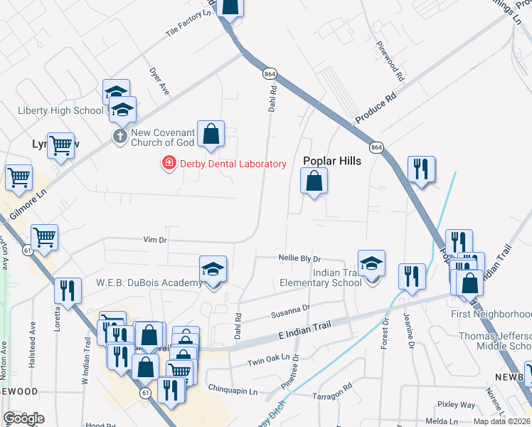 map of restaurants, bars, coffee shops, grocery stores, and more near 1222 Dahl Road in Louisville
