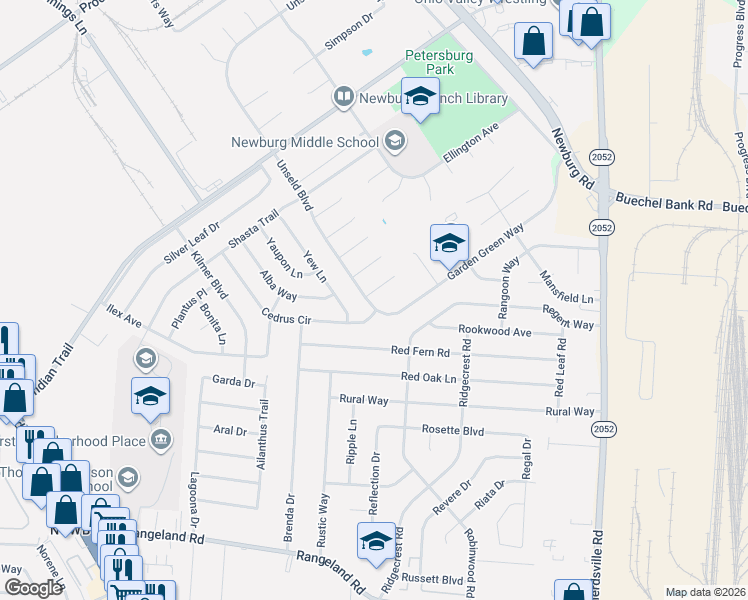 map of restaurants, bars, coffee shops, grocery stores, and more near 5023 Unseld Boulevard in Louisville
