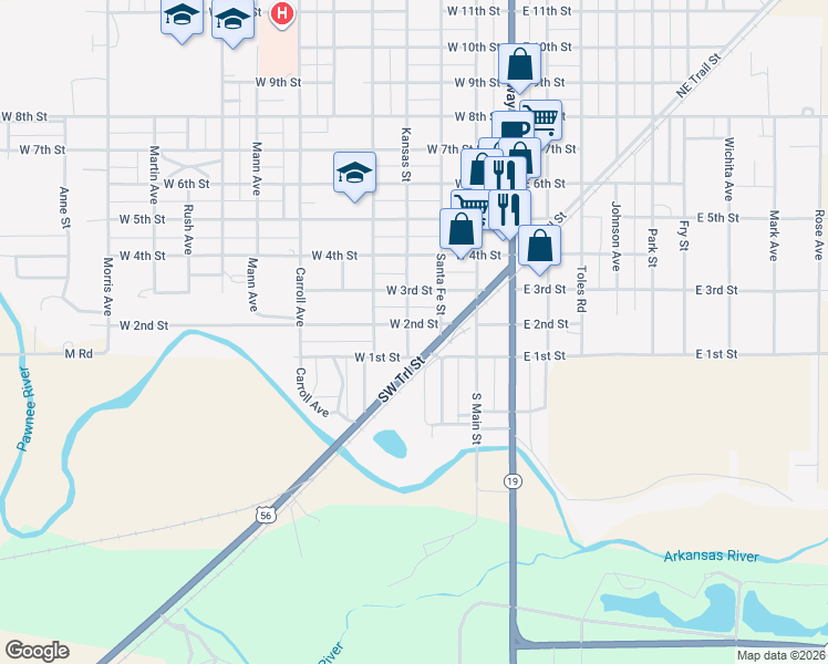 map of restaurants, bars, coffee shops, grocery stores, and more near 323 West 2nd Street in Larned