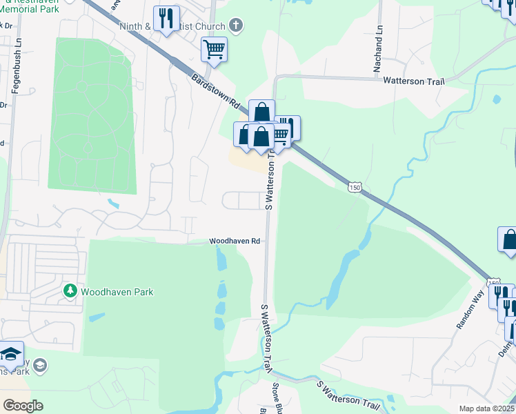 map of restaurants, bars, coffee shops, grocery stores, and more near 7094 Wildwood Circle in Louisville