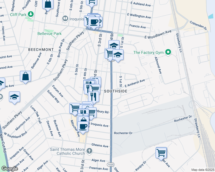 map of restaurants, bars, coffee shops, grocery stores, and more near 4919 South 2nd Street in Louisville