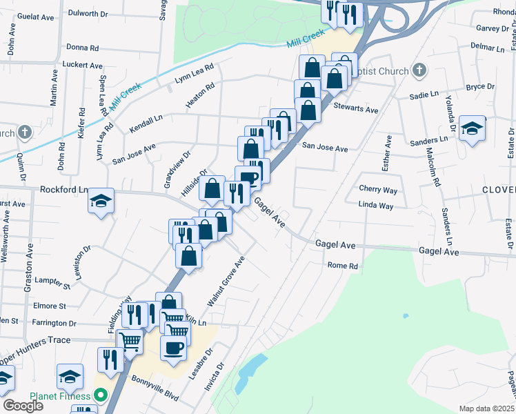 map of restaurants, bars, coffee shops, grocery stores, and more near 1730 Gagel Avenue in Louisville