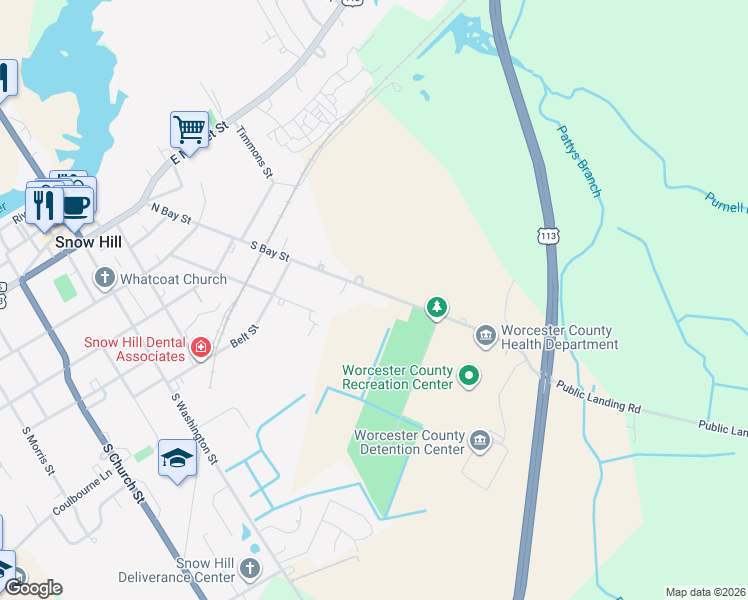 map of restaurants, bars, coffee shops, grocery stores, and more near 6004 Public Landing Road in Snow Hill
