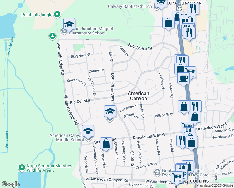 map of restaurants, bars, coffee shops, grocery stores, and more near 362 Rio Del Mar in American Canyon