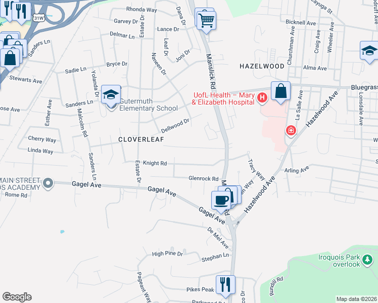 map of restaurants, bars, coffee shops, grocery stores, and more near 1530 Eskridge Lane in Louisville