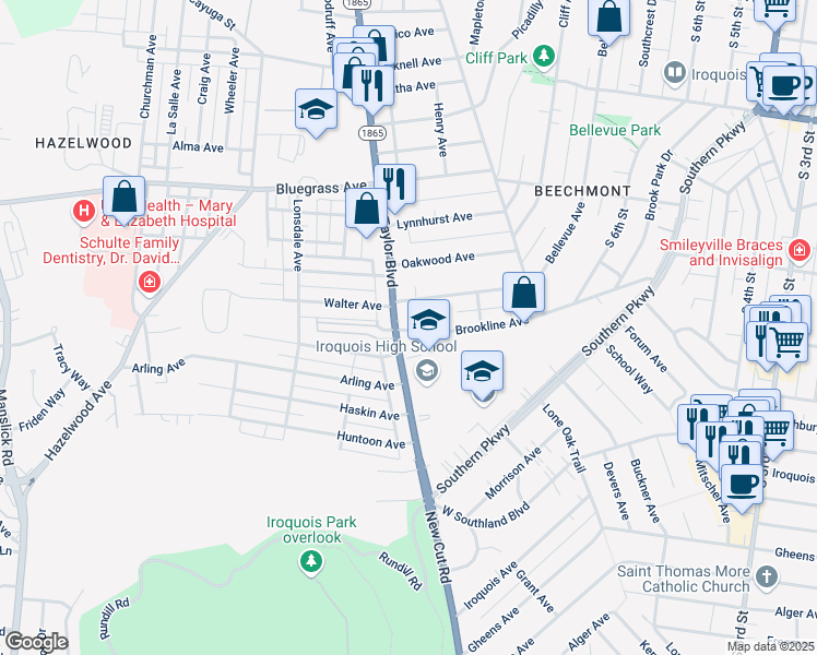 map of restaurants, bars, coffee shops, grocery stores, and more near 1219 Brookline Avenue in Louisville