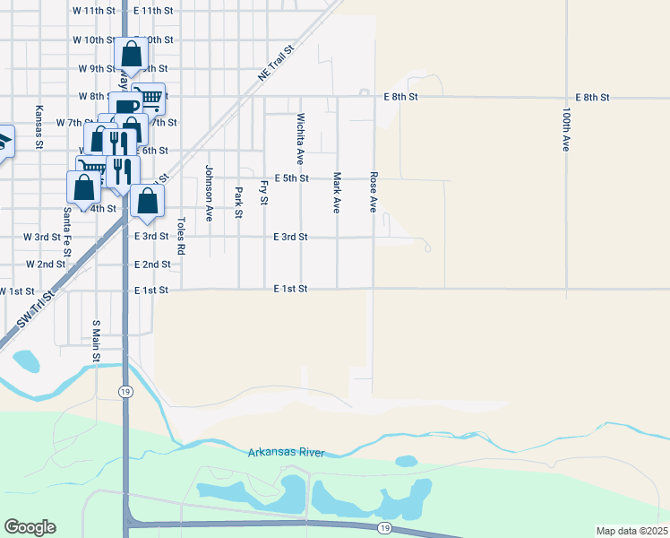 map of restaurants, bars, coffee shops, grocery stores, and more near 105 Mark Avenue in Larned