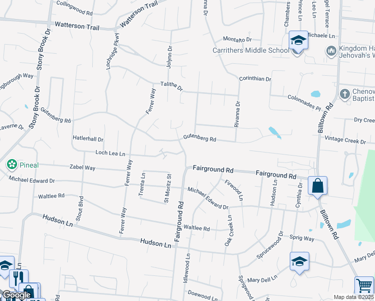 map of restaurants, bars, coffee shops, grocery stores, and more near 4937 Villa Fair Road in Louisville