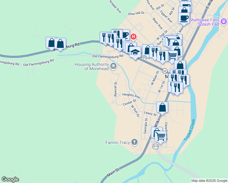 map of restaurants, bars, coffee shops, grocery stores, and more near 606 Rawcel Street in Morehead