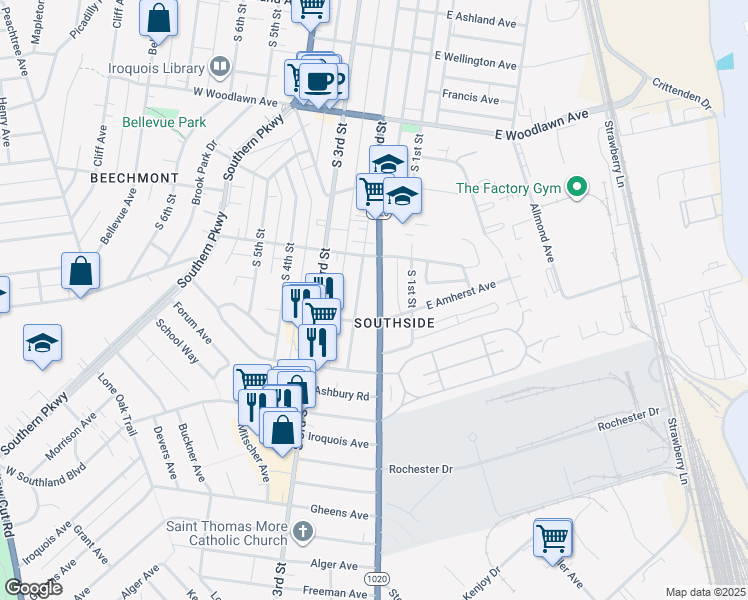 map of restaurants, bars, coffee shops, grocery stores, and more near 4918 Southside Drive in Louisville